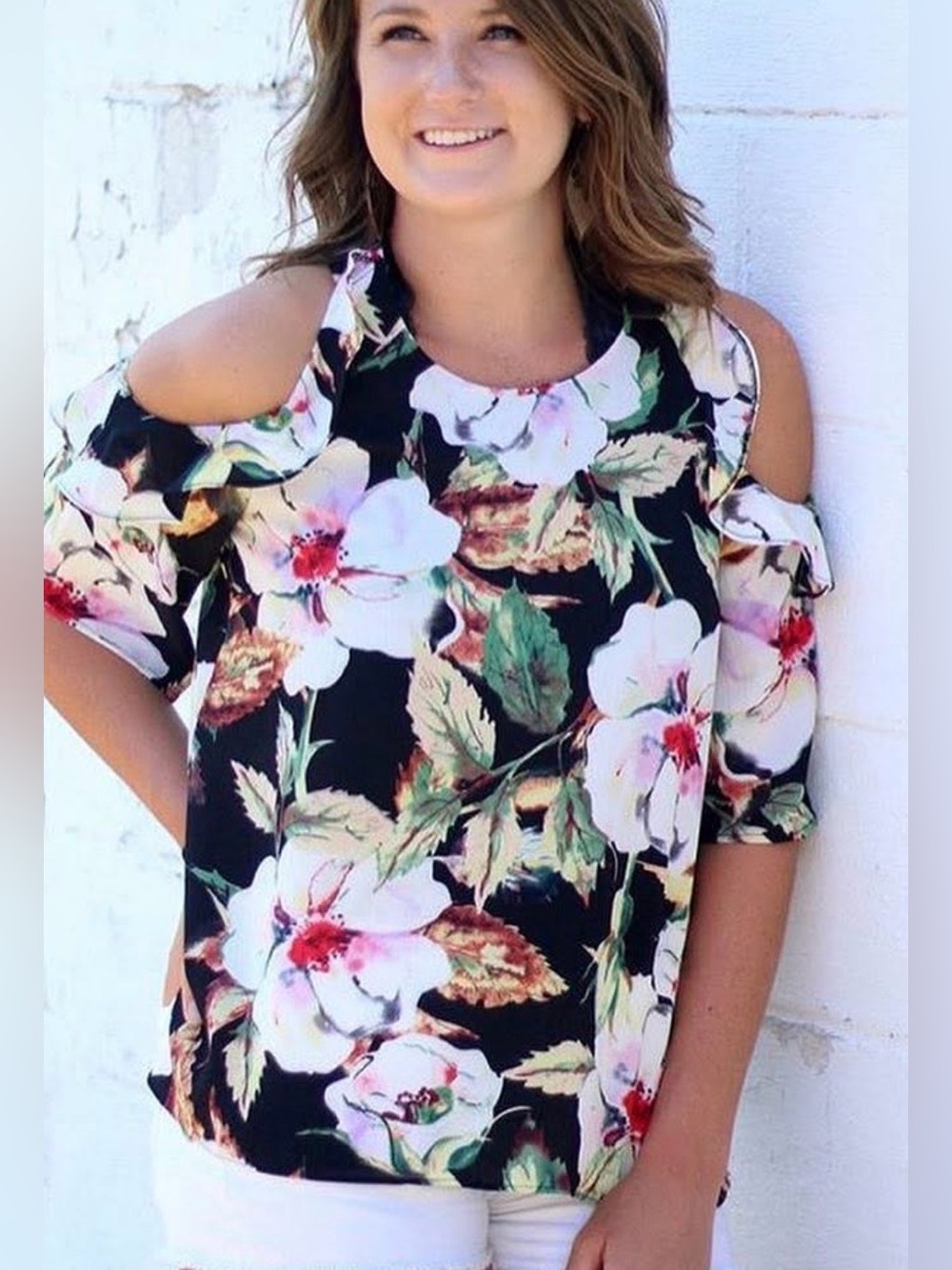 Umgee Black Floral Cold-Shoulder Blouse size S